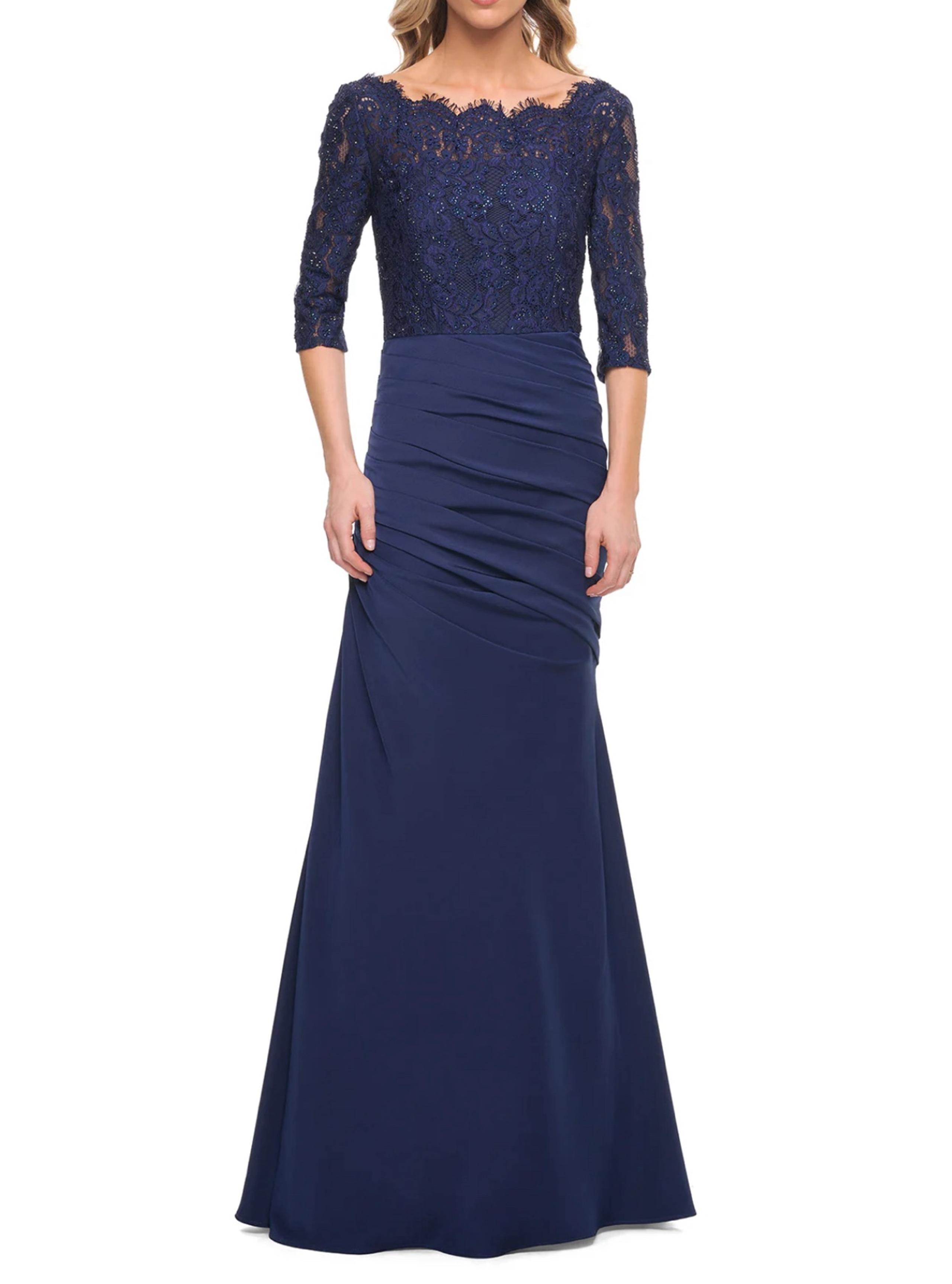LA FEMME Navy Lace Sparkle Lace Off Shoulder Bodice Gathered Gown Size 14