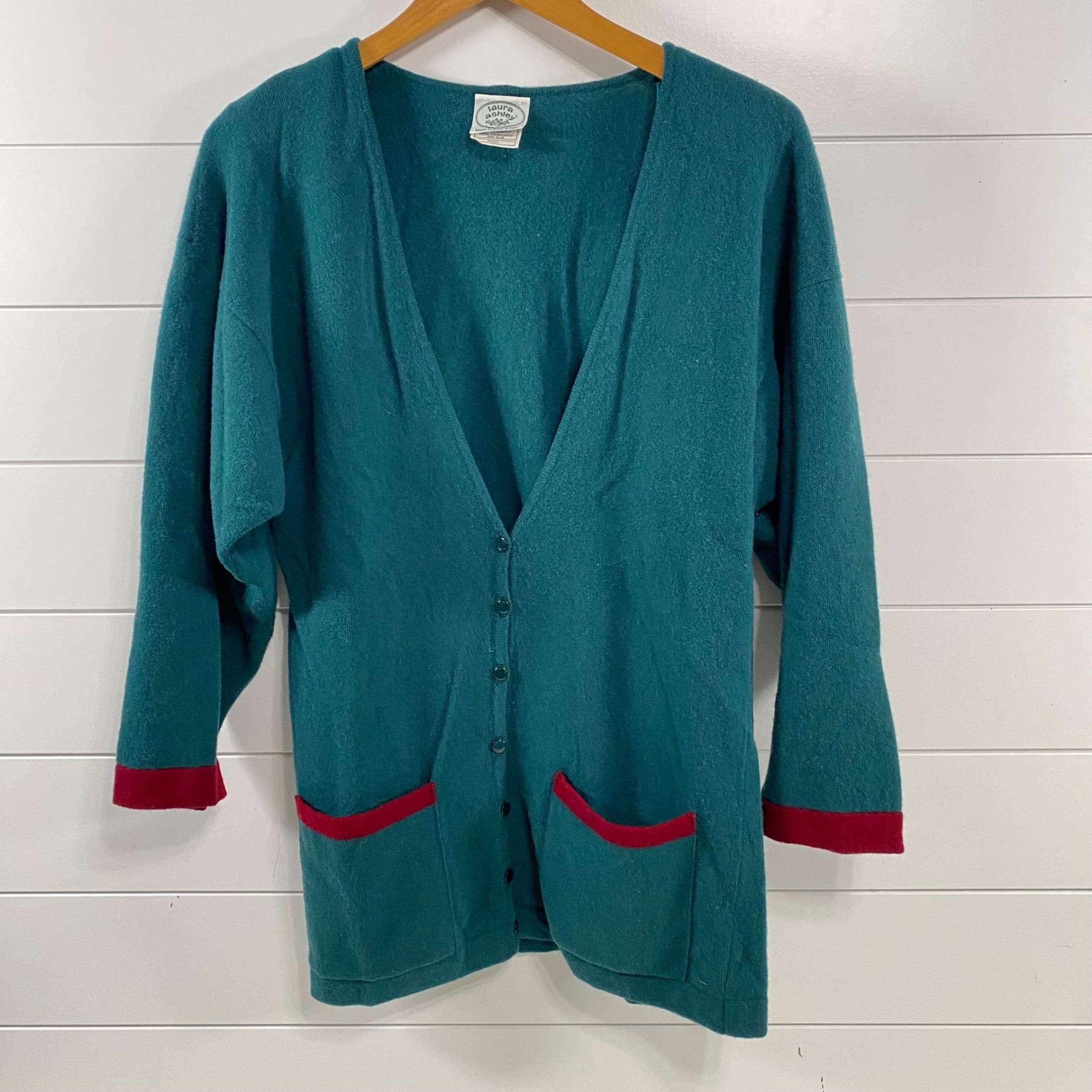 Laura Ashley Womens Vintage 100% Wool Cardigan Sweater sz S Teal V Neck Button