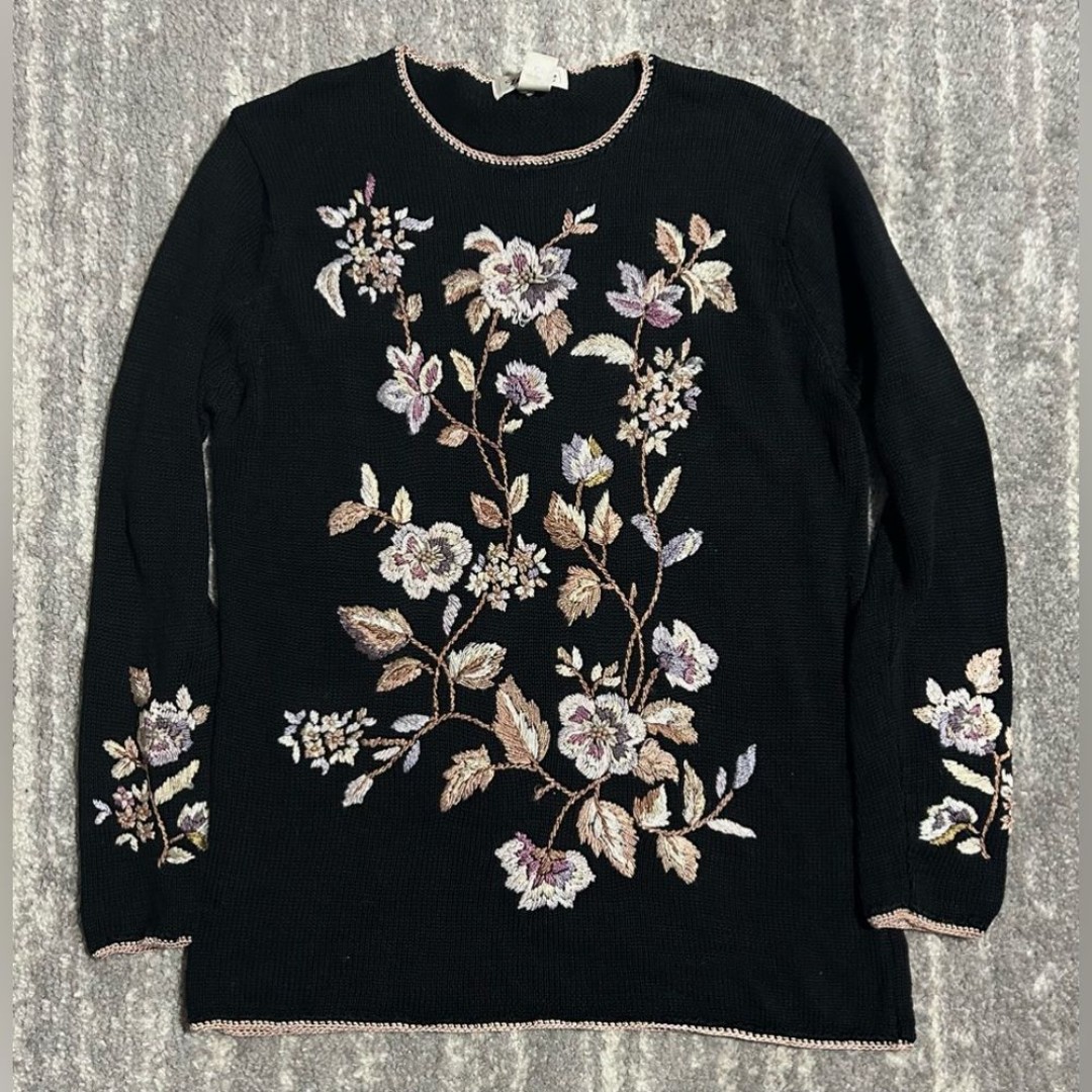 Vintage Worthington Knit Sweater Womens Sz L Heavy Floral Embroidery Beaded