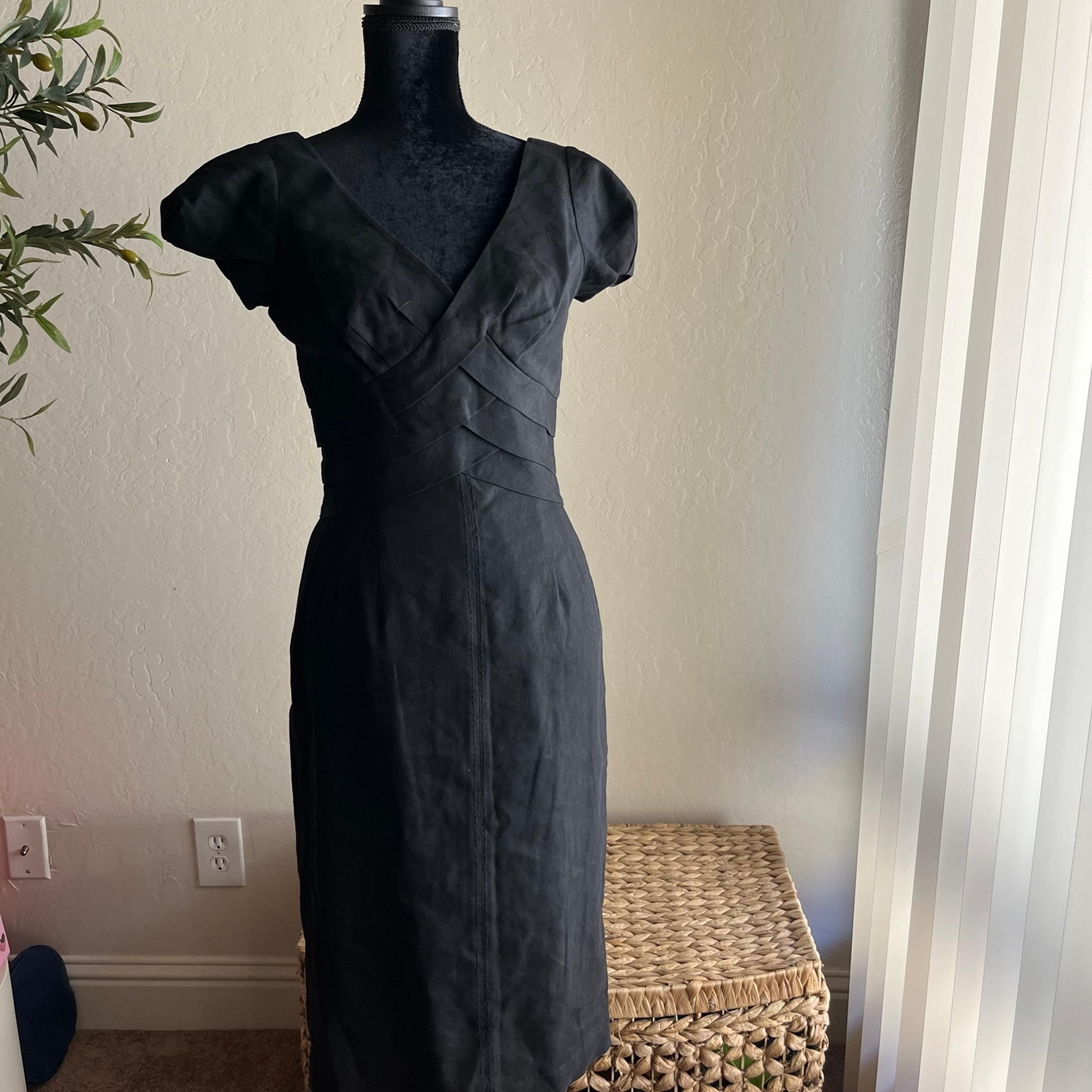 Rebecca Taylor Cross Front V Neck Pencil Formal Black Wool Linen Dress Size 6