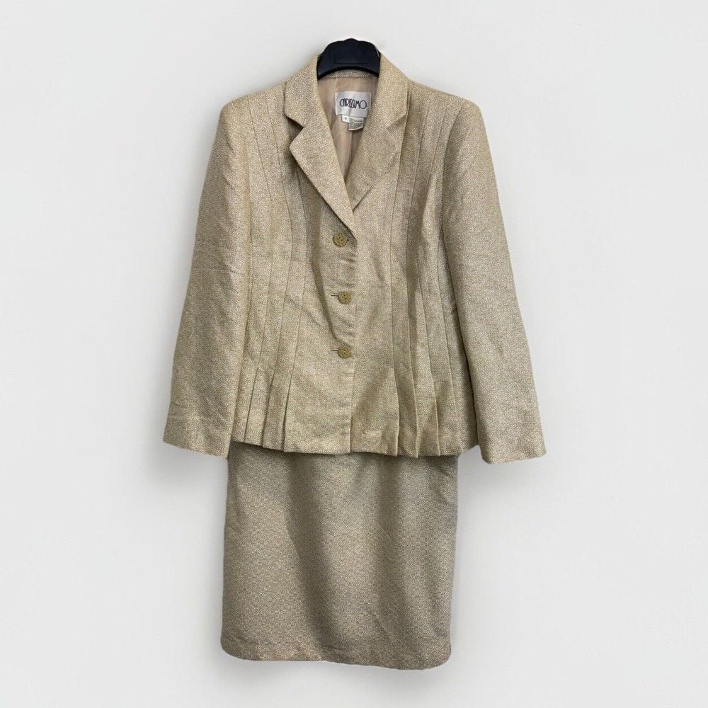 Carissimo Woman's Size 12 2-Pc Skirt Suit Pleated Blazer Fully Lined Beige Gold