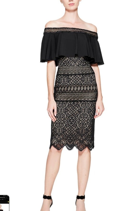 Tadashi Shoji Runway alexia off the shoulder midi Dress black eyelet lace 12 nwt