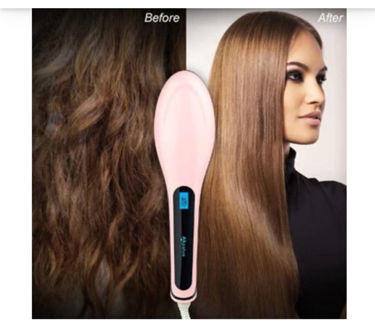 CERAMIC FLAT brush IRON HAIR STRAIGHTENER BRUSH tool pink