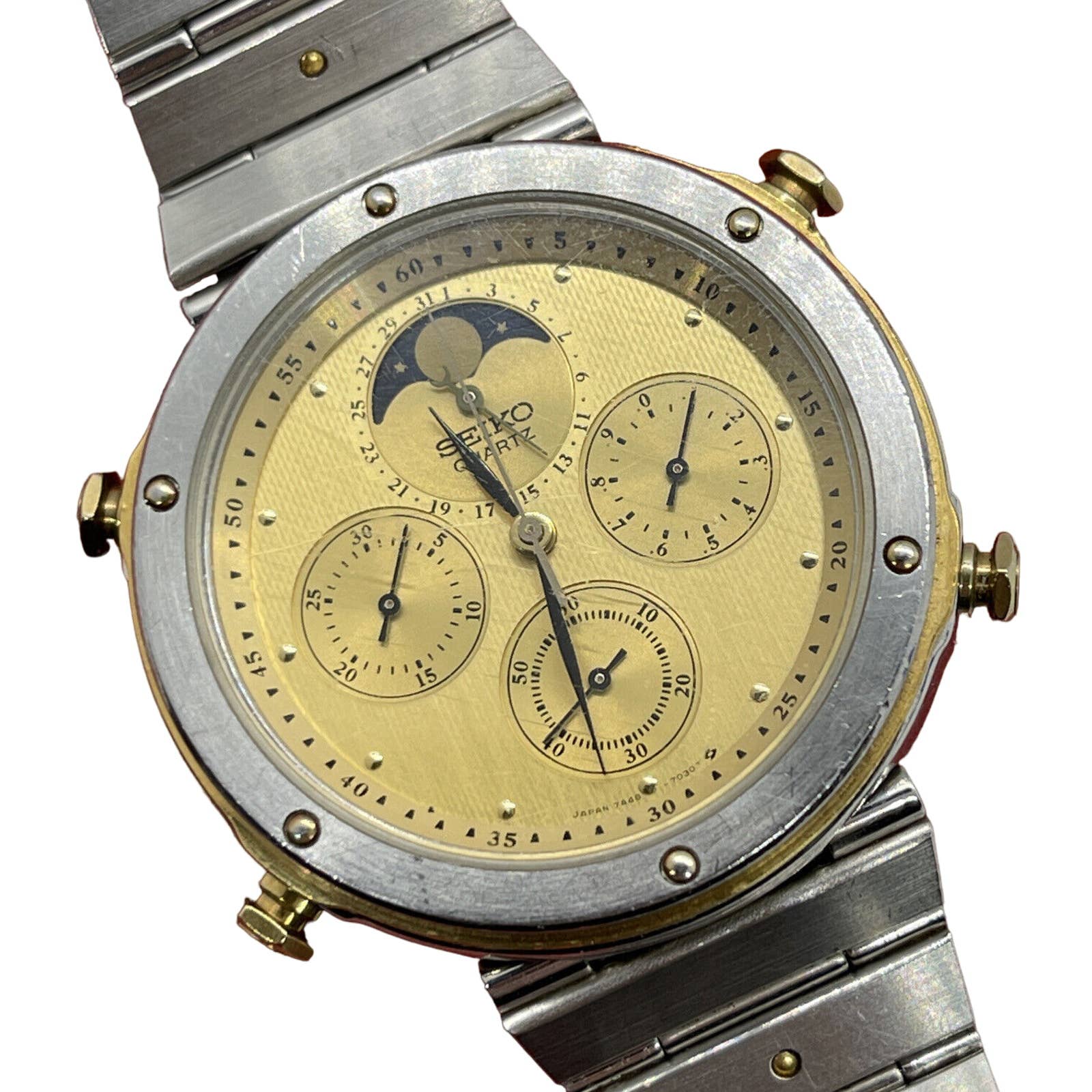 Vtg 7a48-7010 Seiko Chronograph Rare Orig. Bracelet Chrono Repair Moon Phase JDM