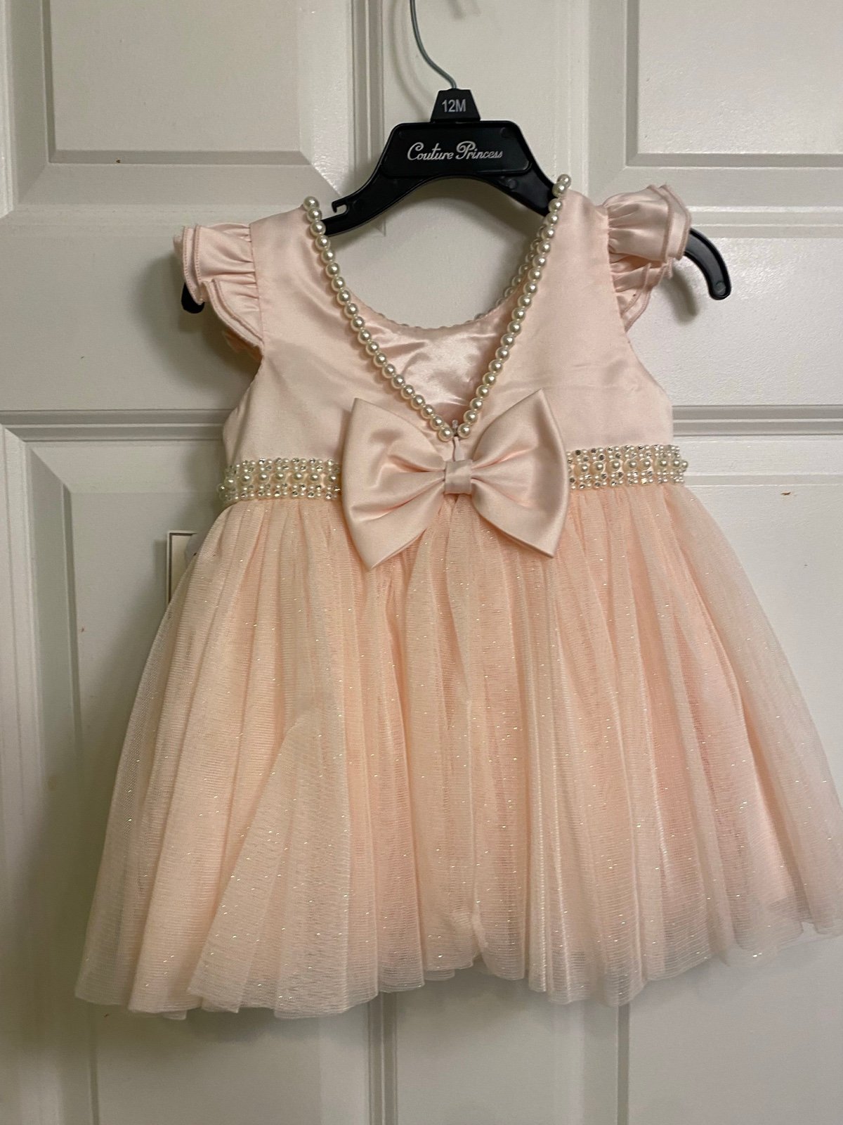 Couture Princess BEAUTIFUL dress w/rhinestones, faux pearls, pink bow size 12 M