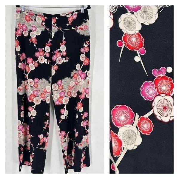 Trina Turk Silk Blend Floral Black & Red Asian Inspired Flat Front Pants Size 10