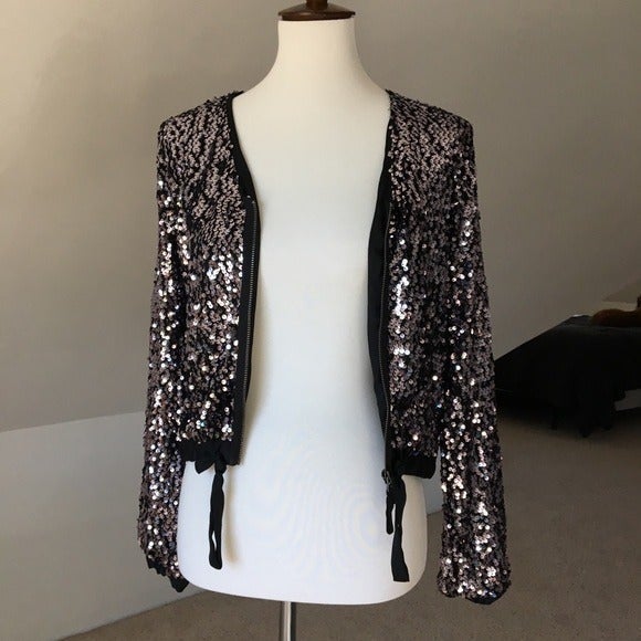 Sequined Silk Bomber Zip Up Party Jacket