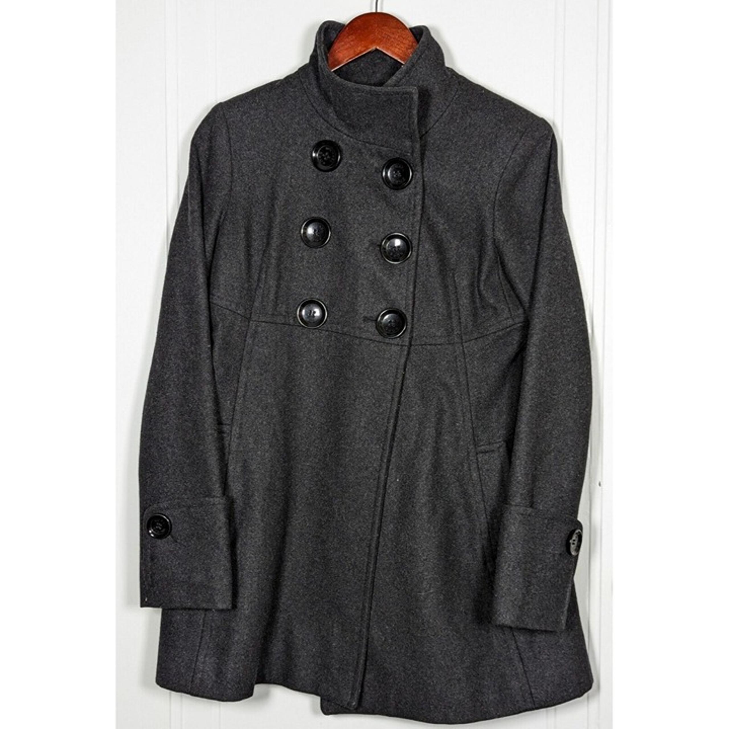 Womens Michael Kors Wool Blend Gray Black Button Up Size 6 Small Pea Coat Jacket