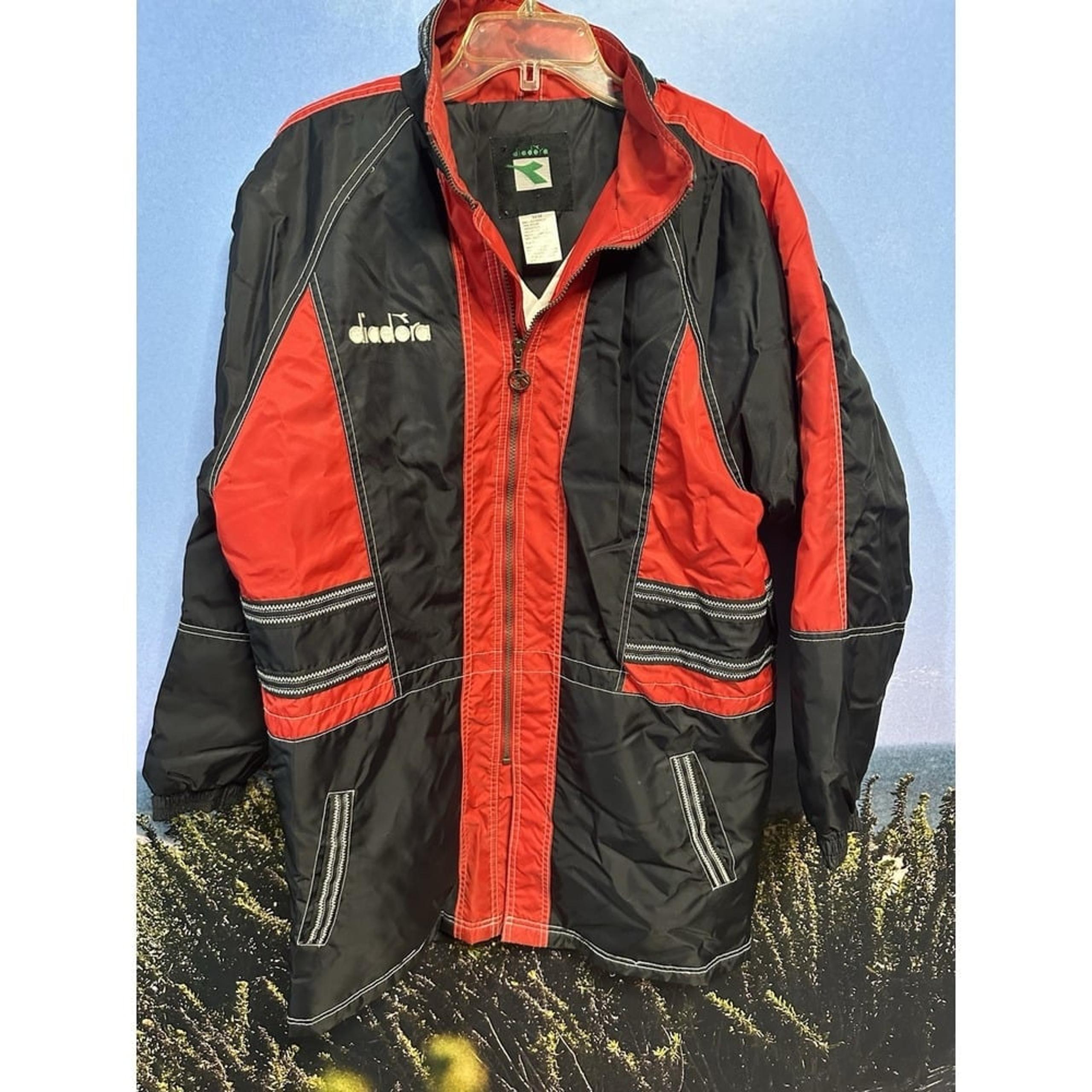 Vintage Y2K 90s DIADORA Soccer Rain Zip Jacket Coat w/ Hood Long