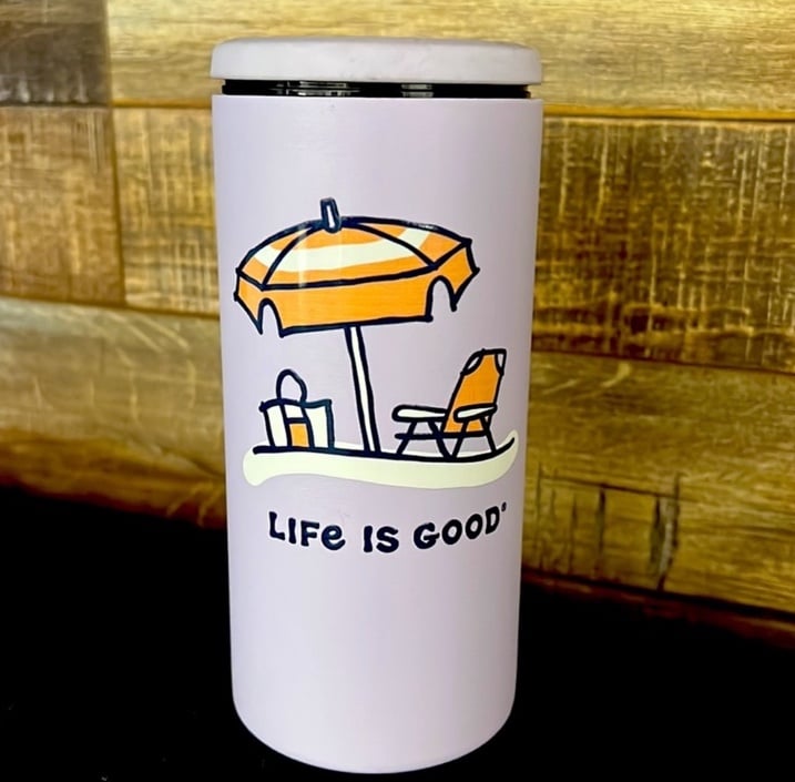 LIFE IS GOOD STAINLESS STEEL SLIM CAN COOLER