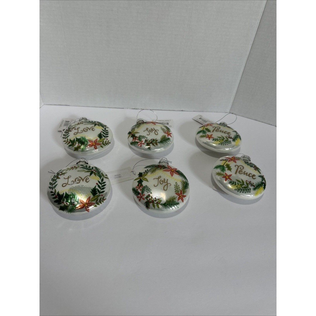 Glass Love Joy Peace Christmas Ornament Set Of 6 poinsettia