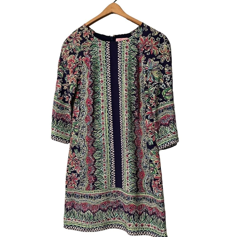 Lilly Pulitzer Size 00 Floral Silk Shift Dress Multicolor 3/4 Sleeves Lined