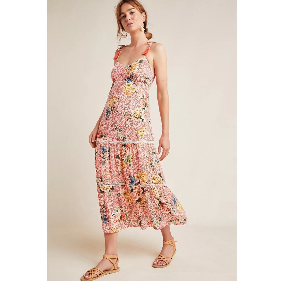 New Farm Rio for Anthropologie Verbena Midi Dress 198 X-SMALL Red Motif Floral