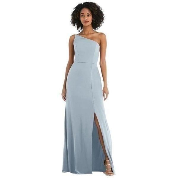 After Six One-Shoulder Crepe Trumpet Gown Blue Mist Size 10 NWOT 187 MSRP