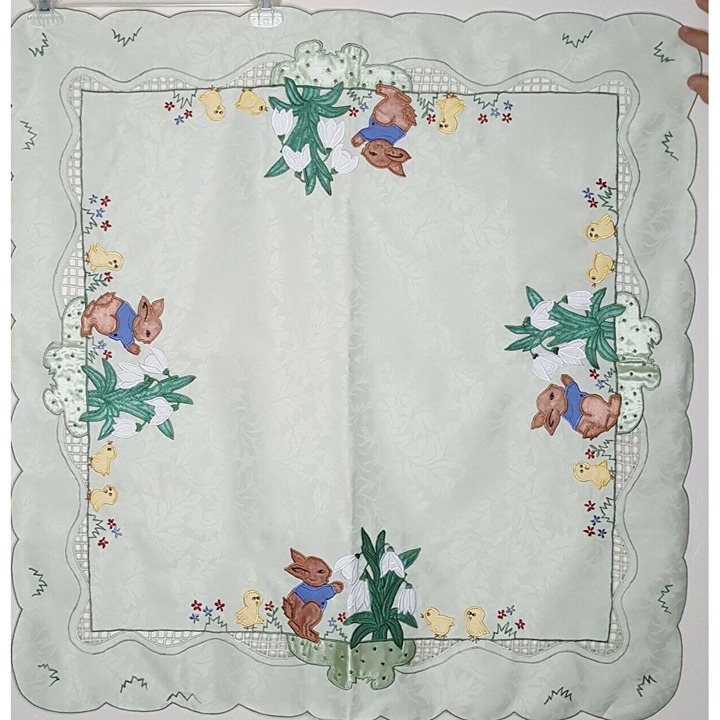 Spring Bunny Cut Work Open Work Embroidered Table Cloth Appx 33 x 33 Green