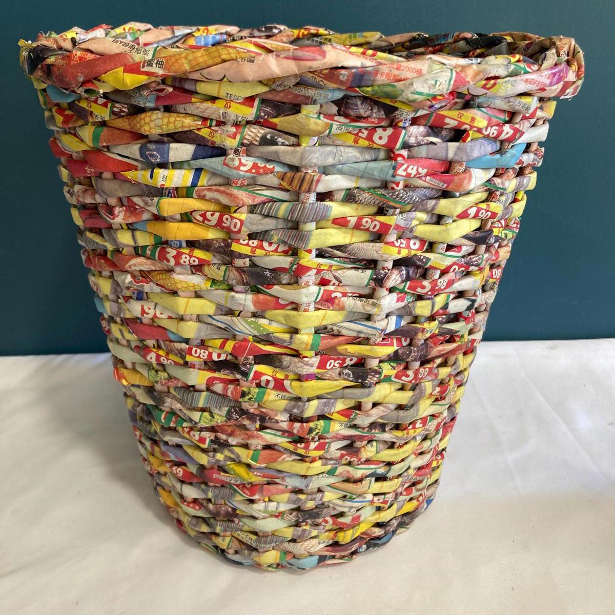 Vintage Woven Paper Wastebasket | Twisted Advertisement Basket | Upcycled Decor