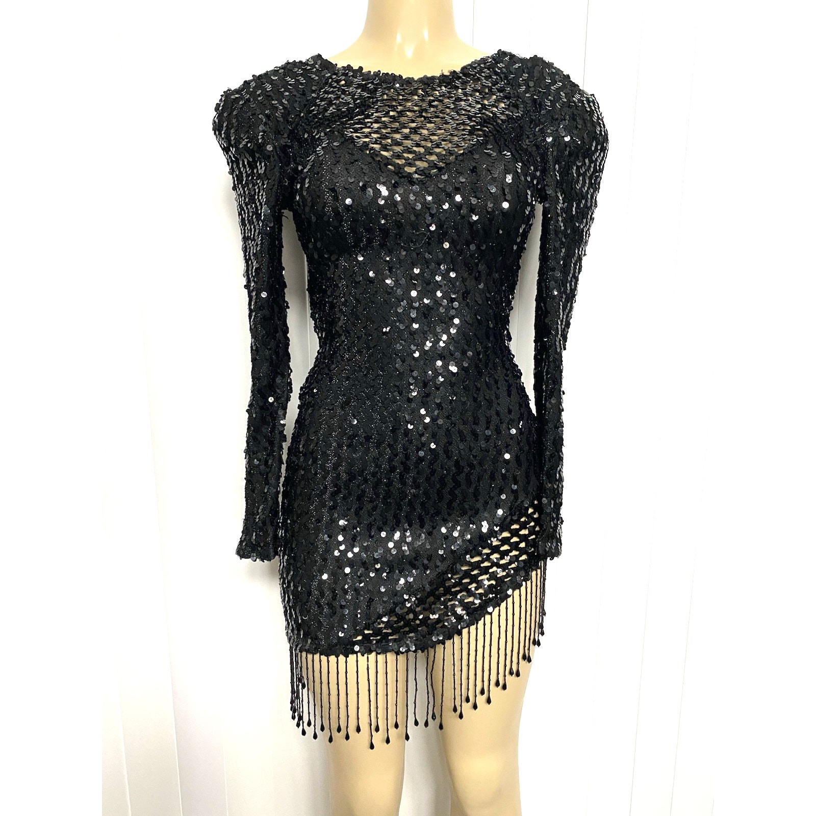 Climax Karen Okada Dress Vintage Black Sequined Beaded Mini Long Sleeve Climax S