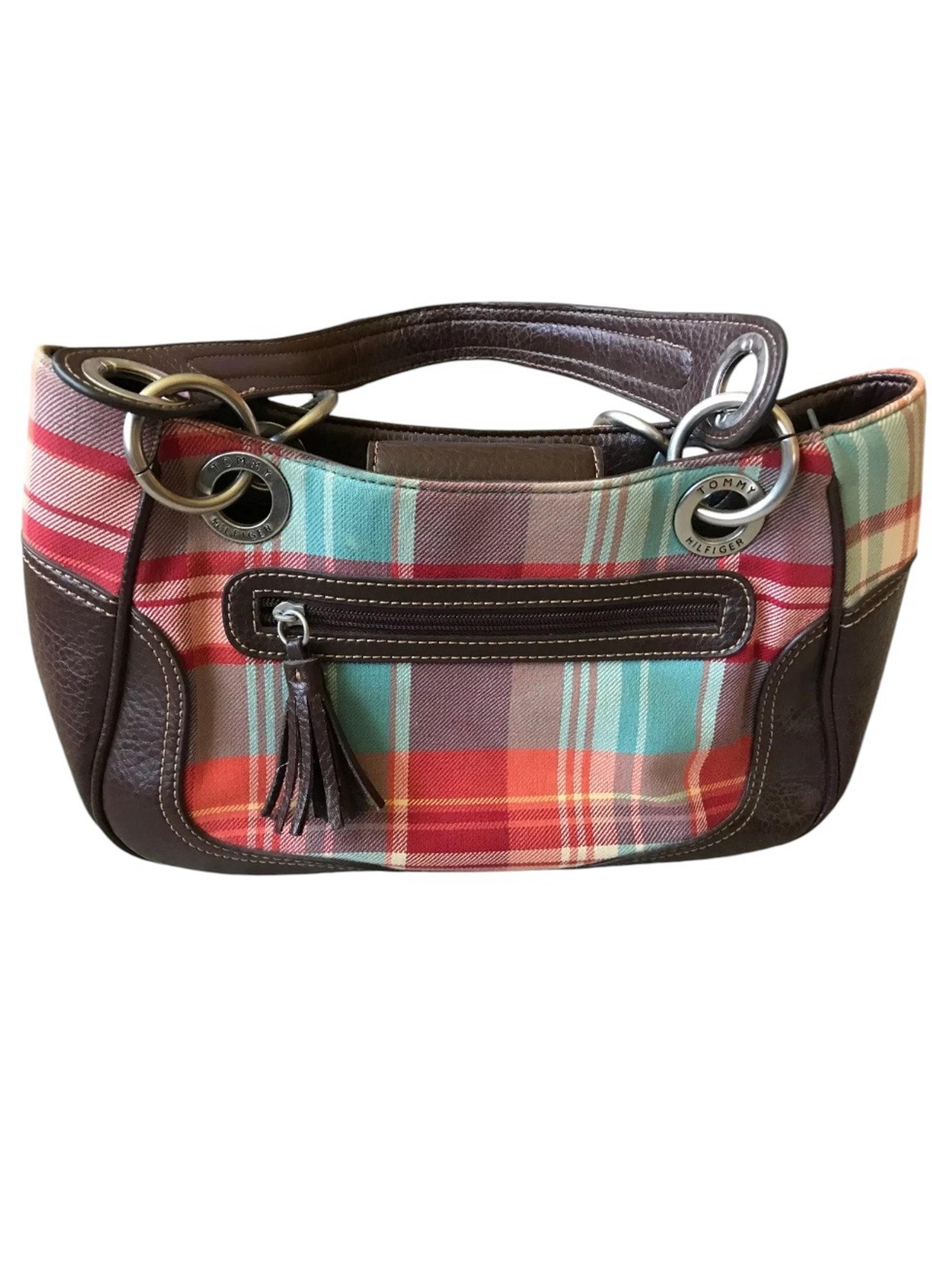 Tommy Hilfiger Plaid tote style purse 2 handles exterior zip pocket with tassel