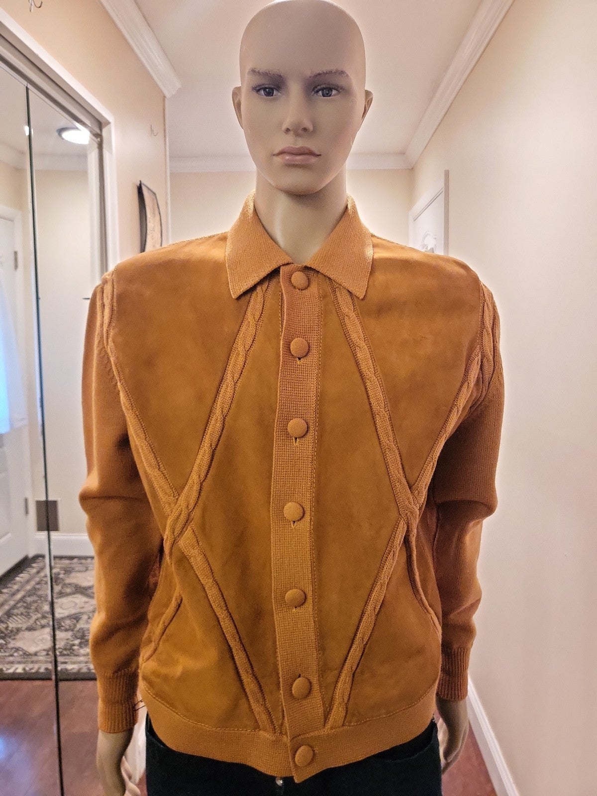 Men Vntg SUEDE & WOOL Sweater SIZE L