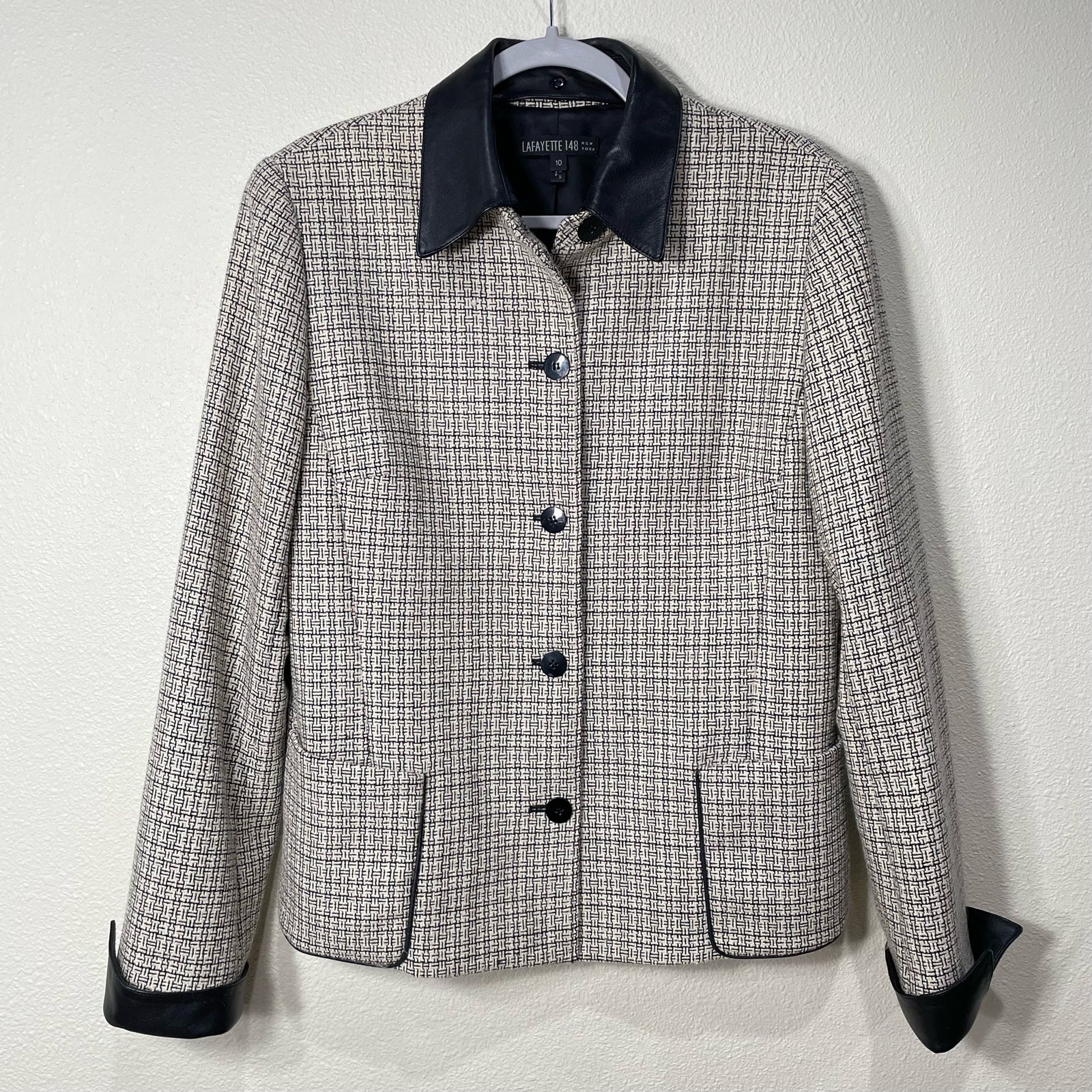 Lafayette 148 NY Tweed Wool Leather Trim Jacket Heritage Office Classic 10