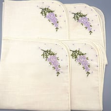 Linen Placemats & Napkins Hand Embroidered Set of 4 Ecru Purple Vintage