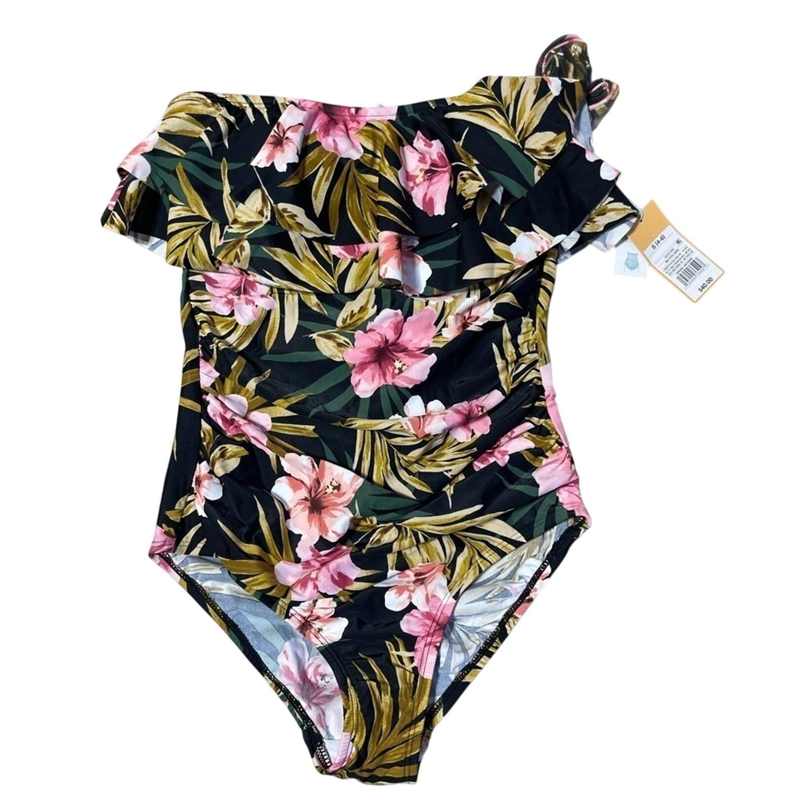 Target Strapless Swimming Suit One Piece Black Pink Floral Women’s Size Small