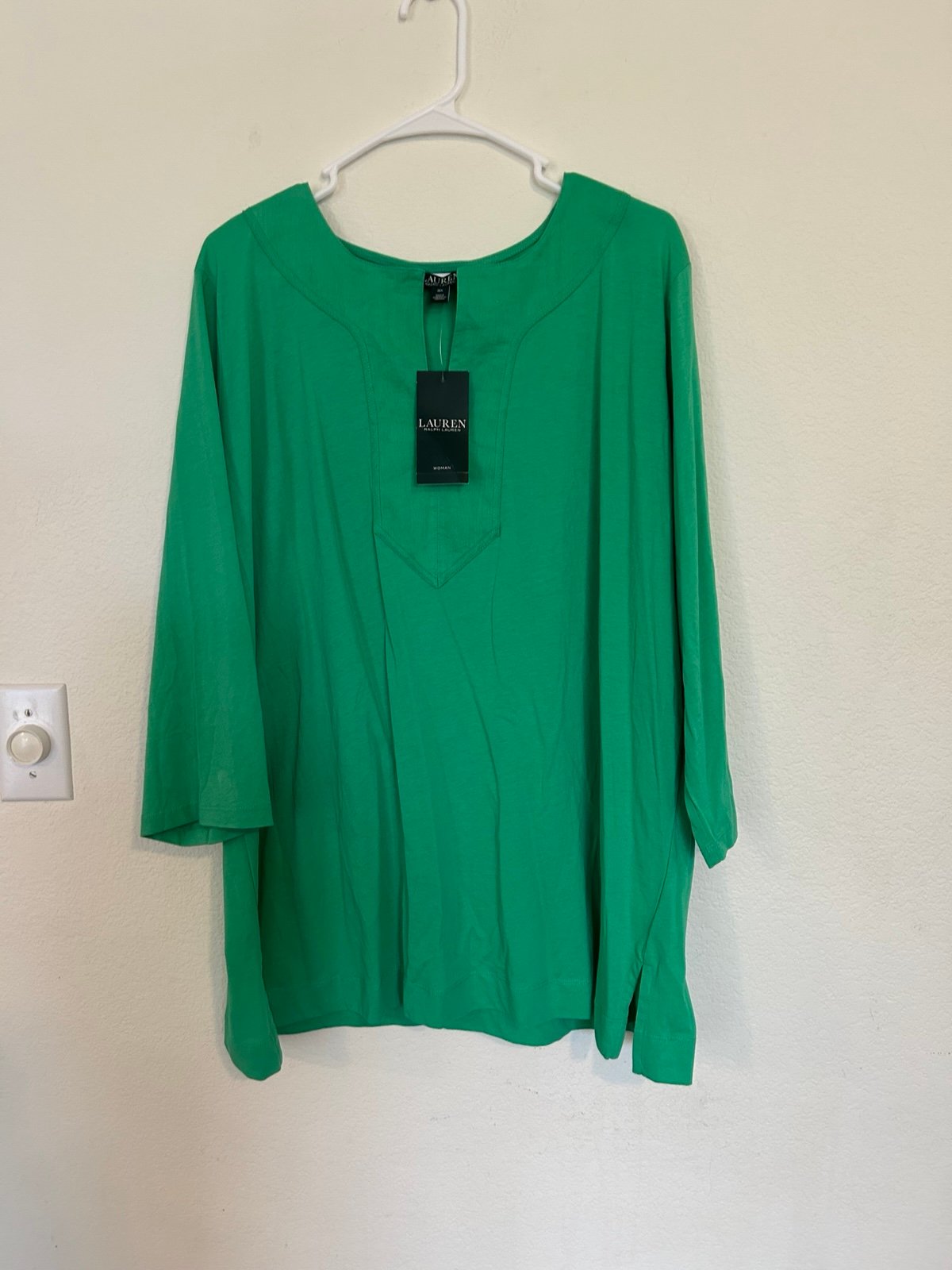 NWT Lauren Ralph Lauren Hampton Green 100% Cotton 3/4 Sleeve Top