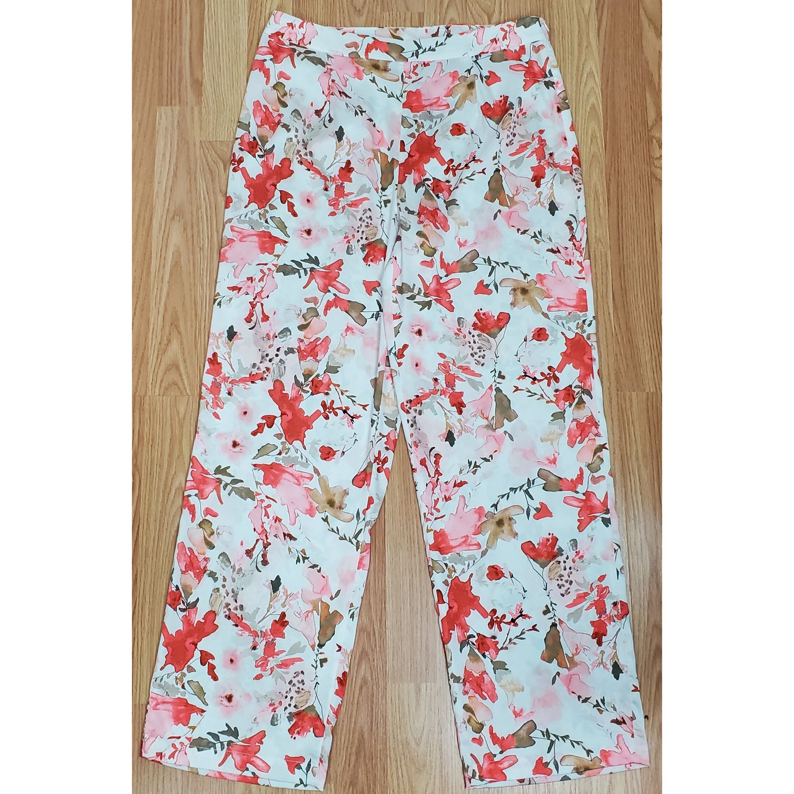NWT Ming Wang S watercolor floral wide leg hi waist satin pants sunkissed coral