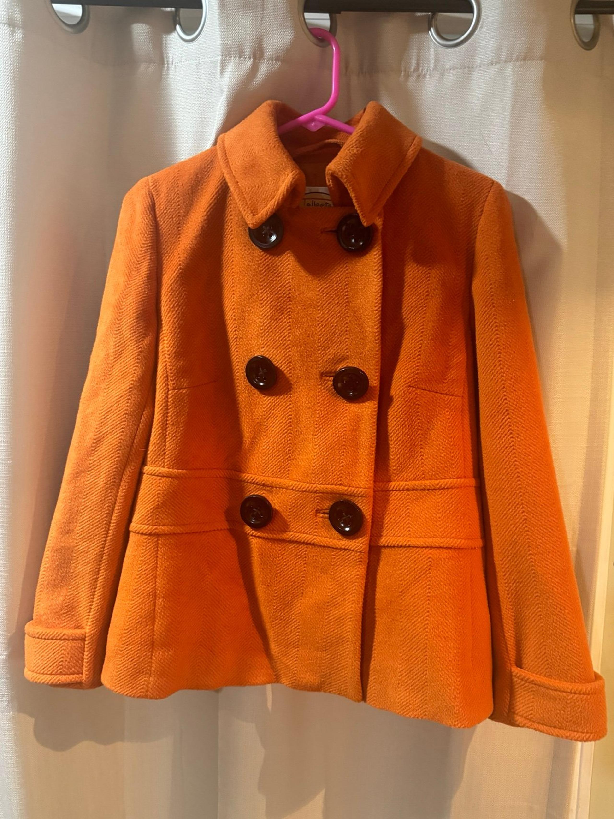 Talbots orange peacoat with black buttons, fully lined women’s size 6  #peacoat