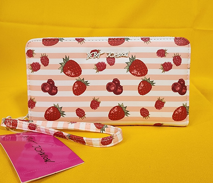 Betsey Johnson Strawberry Fruit Striped Berry Wallet Wristlet Zip Around NEW