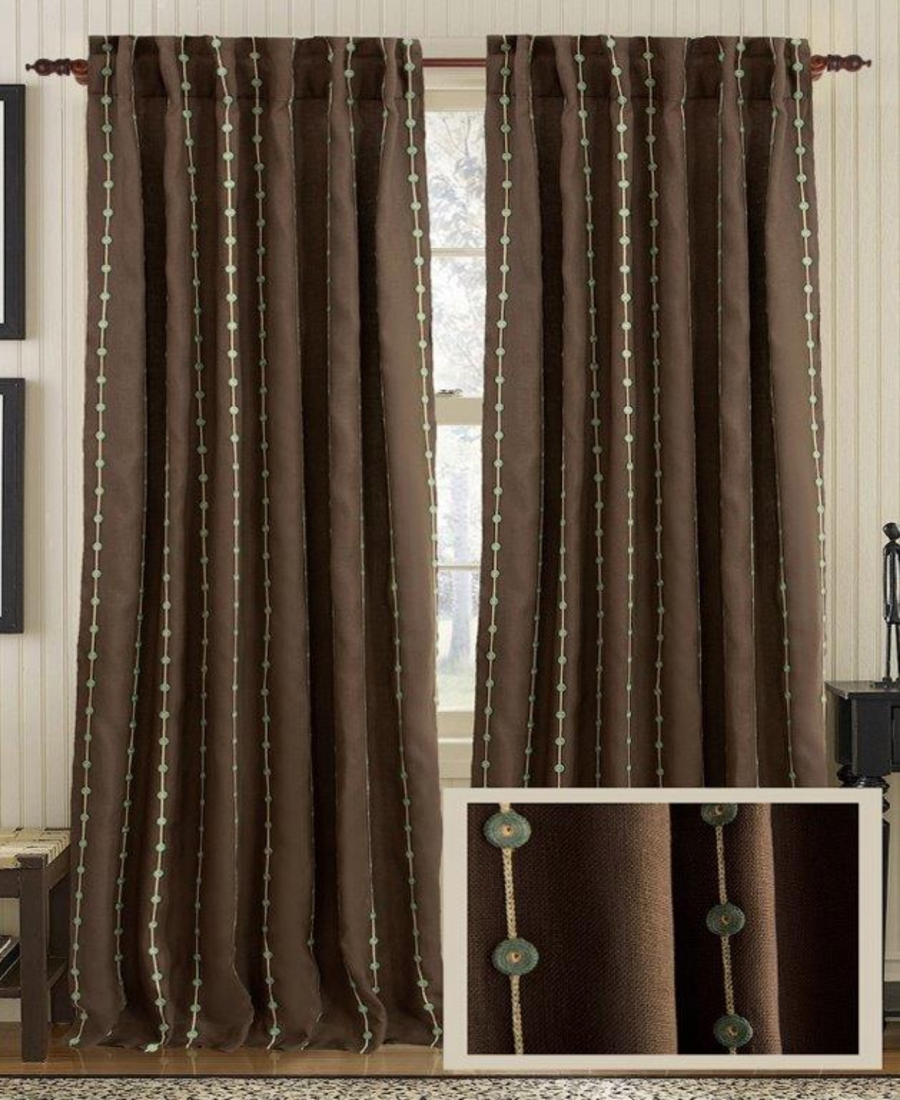 100% Linen Embroidered Drape (50 W x 96 L) Brown