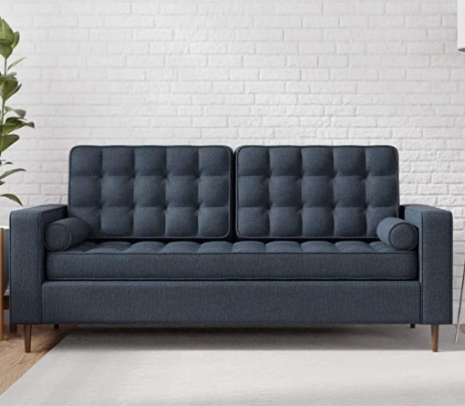 Upholstered Sofa with Square Arms and Tufted Throw Pillow, Navy Blue