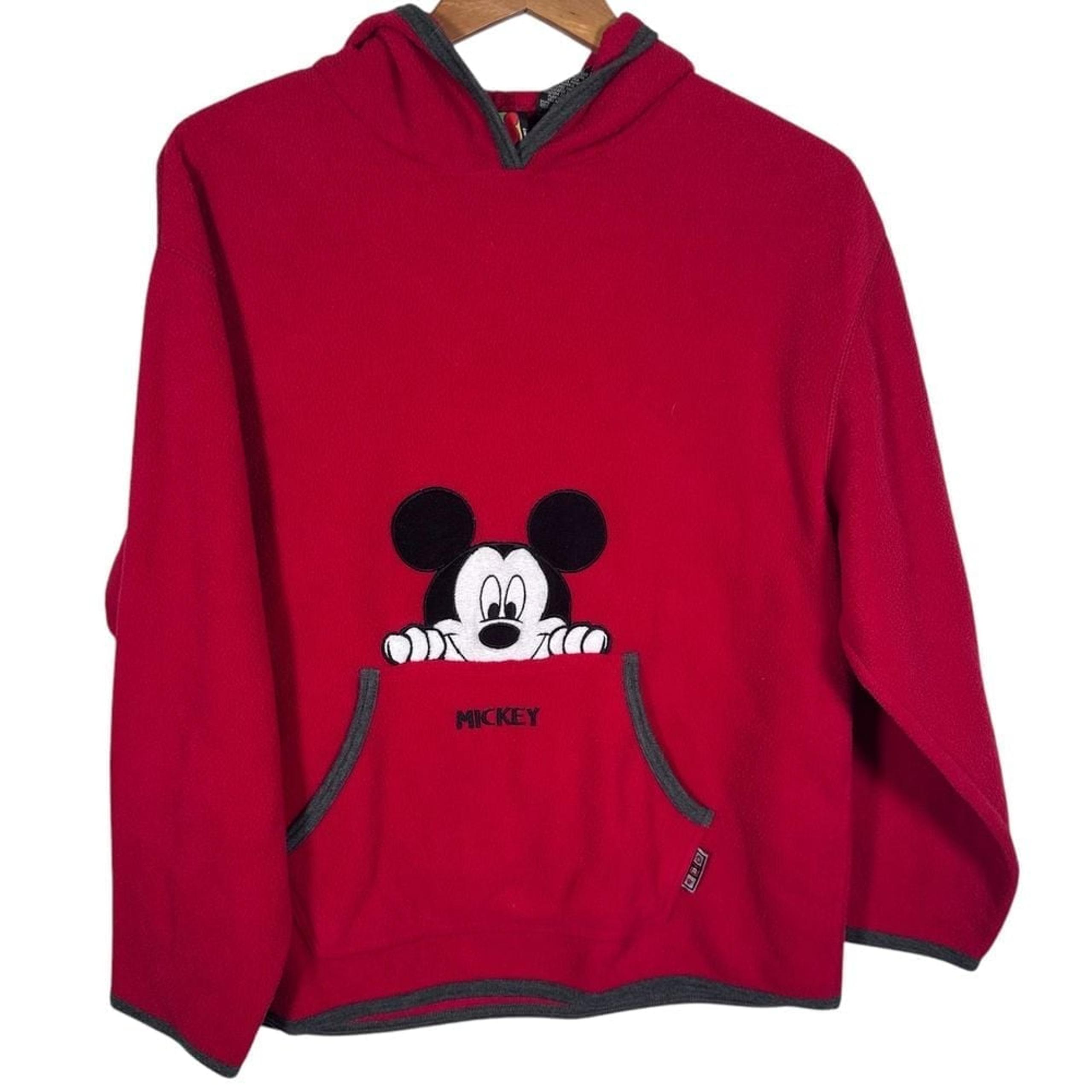Disney Mickey Mouse Red Fleece Pullover Hoodie with Pocket Graphic Design Medium