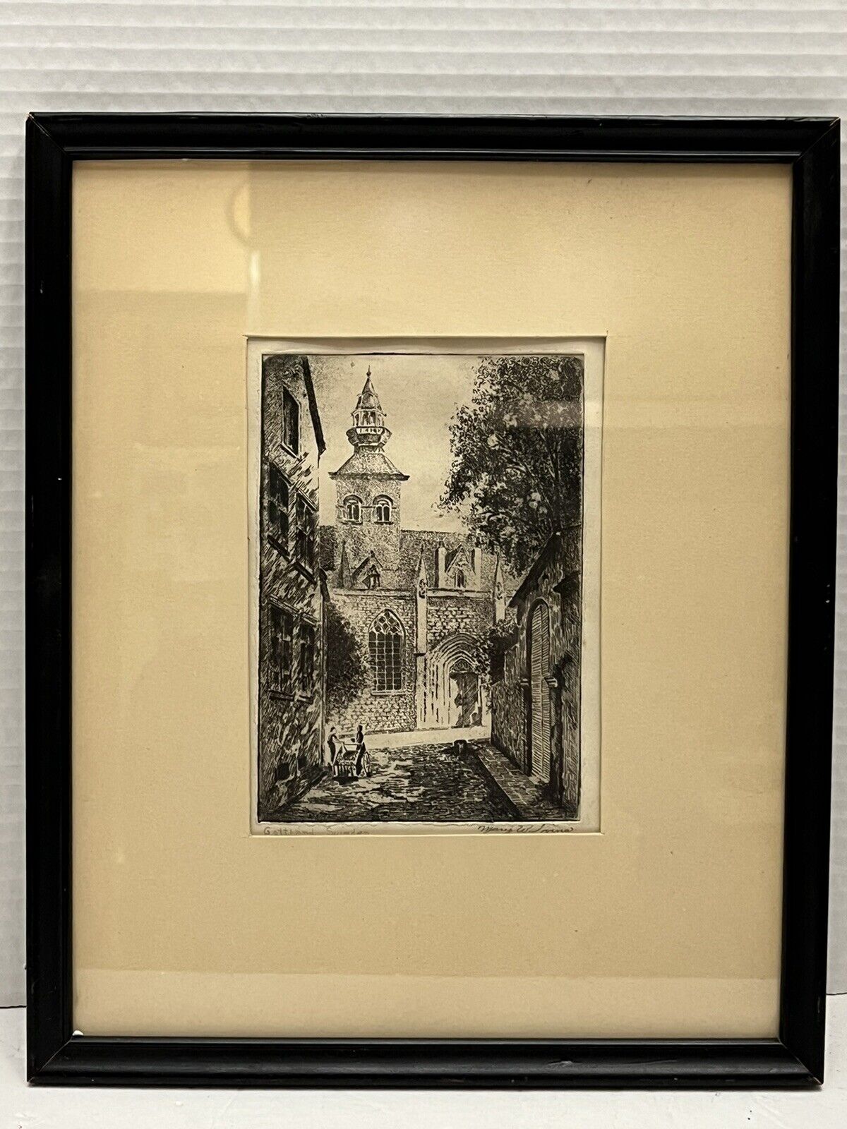 Antique Signed Etching by Mary W. Ivins Of A Street Scene In Gottland, Sweden