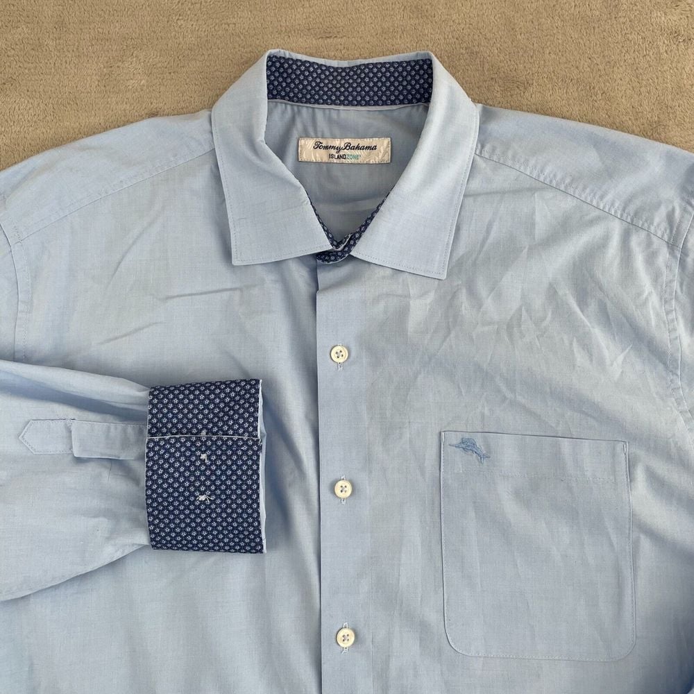 Tommy Bahama Newport Coast IslandZone Shirt Men Large Blue Flip Cuff Marlin