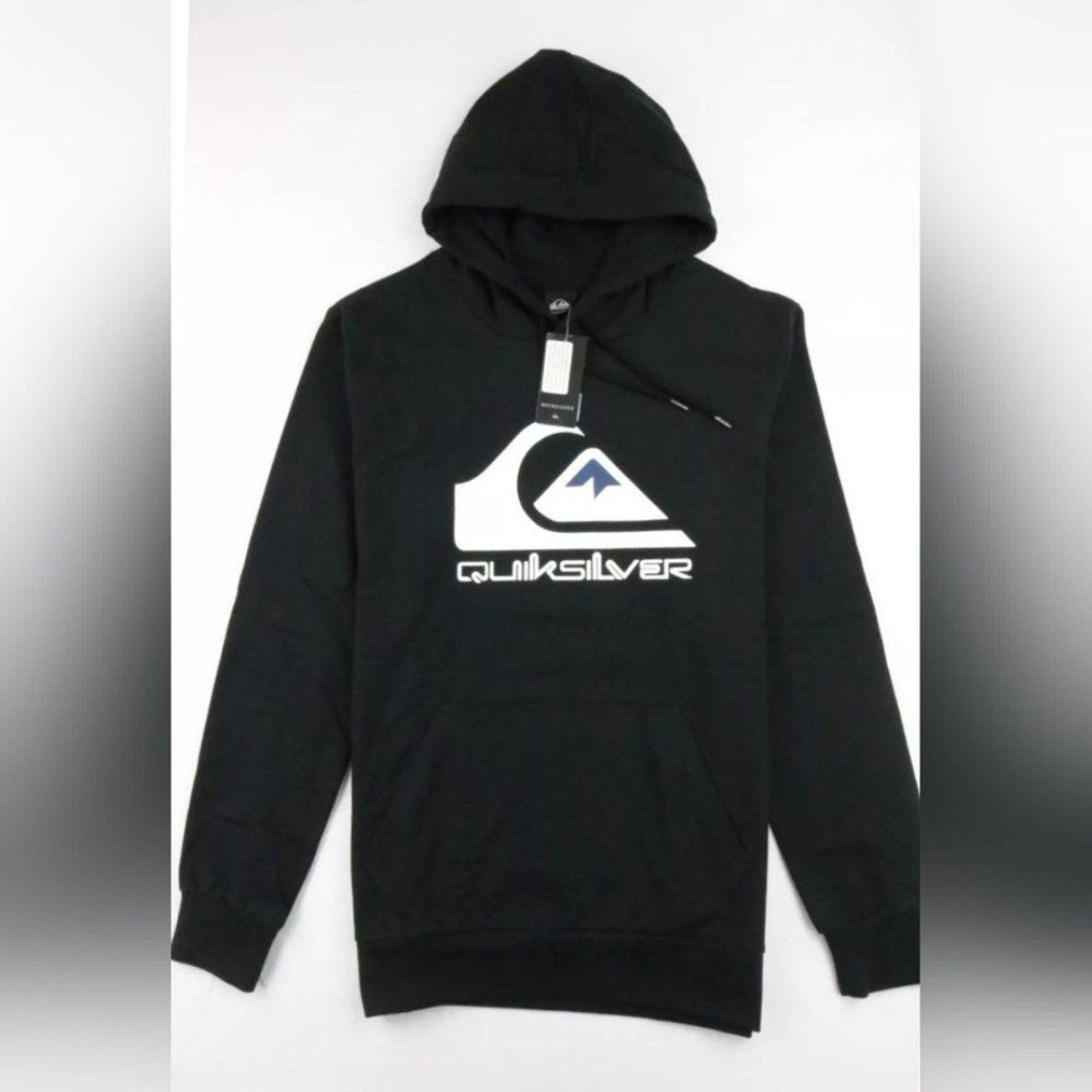 NWT Quiksilver Hoodie Men's Brushed Cotton Black Large Graphic Logo Sweatshirt M