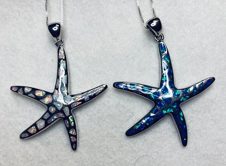 Lot of 2 Sterling 925 Silver Hawaiian Starfish Opal Large Pendant 18 Necklaces
