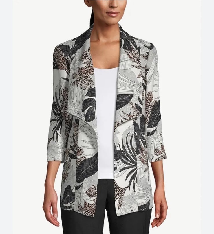 Chico’s Draped Blazer Tropical Print Open Front Stretch Knit Size 12/14 NWT’s