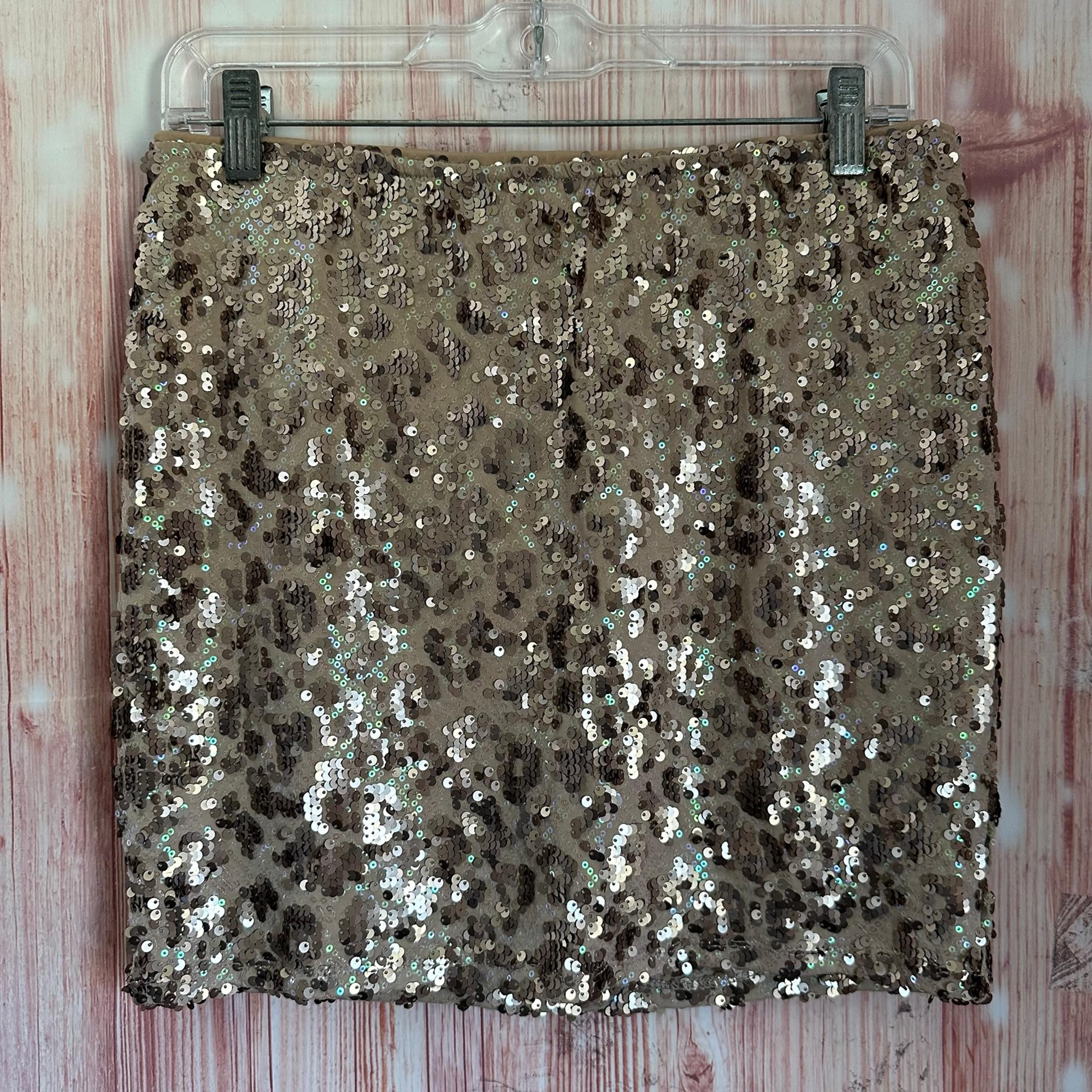 Lily White Champagne Gold Iridescent Sequin Leopard Print Mini Skirt
