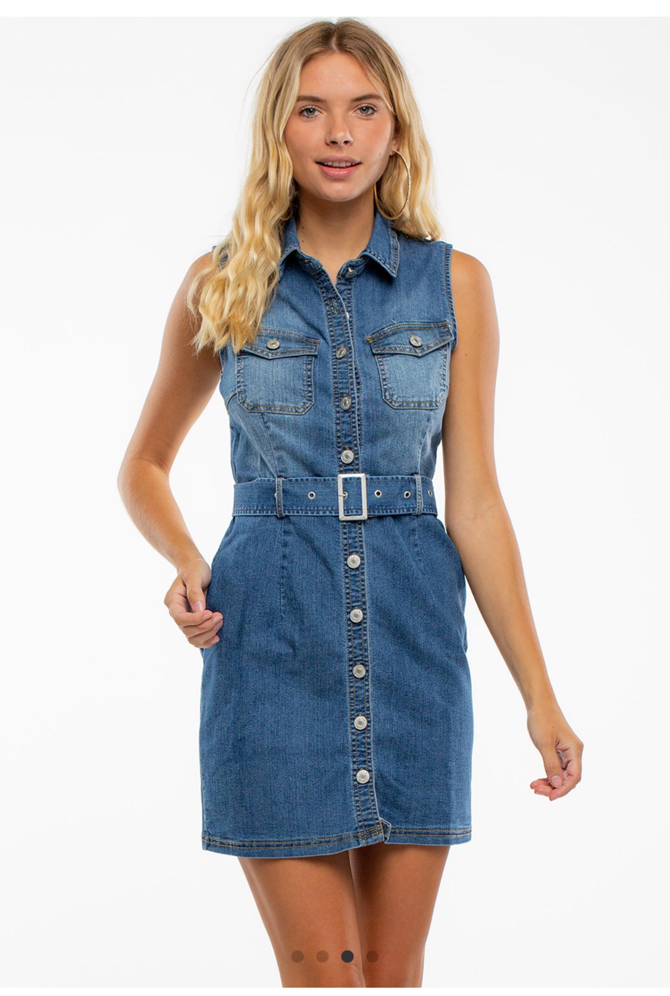 New! Belted Button Up Denim Mini Dress Size M