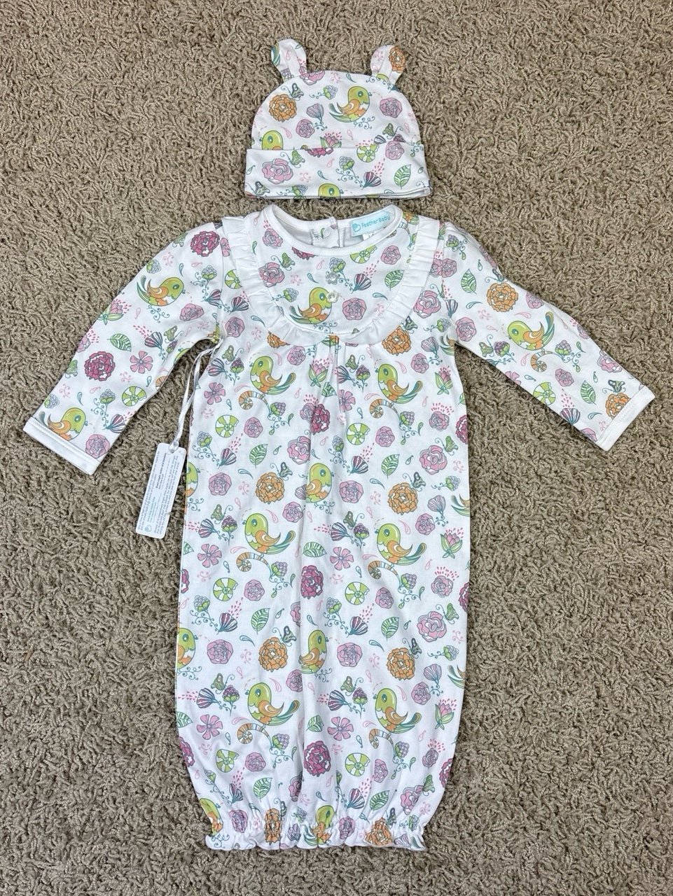 NWT Feather baby girls gown and hat sz 3-6 months