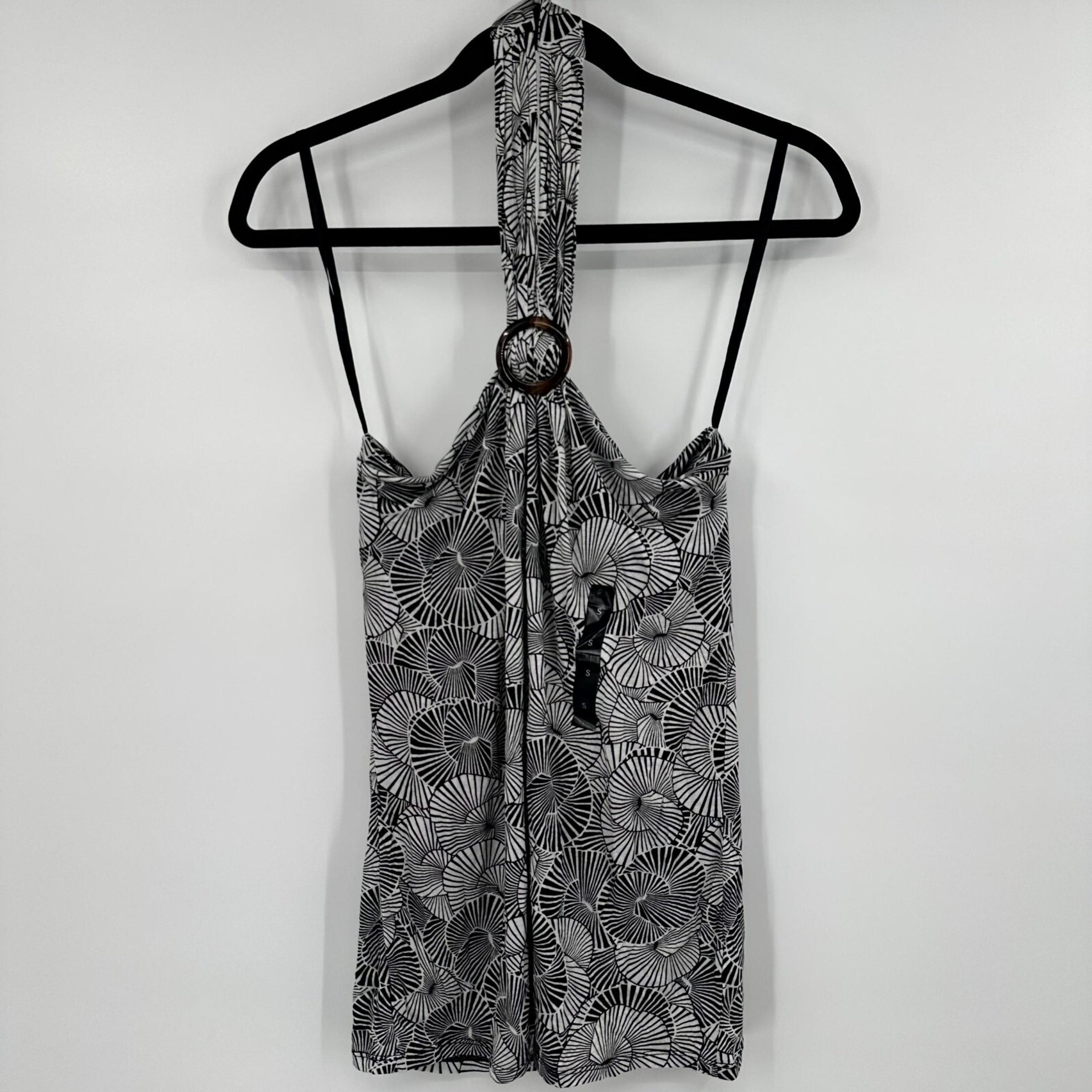 Banana Republic Halter Top Womens Small Black Cream Geo Print O Ring Detail