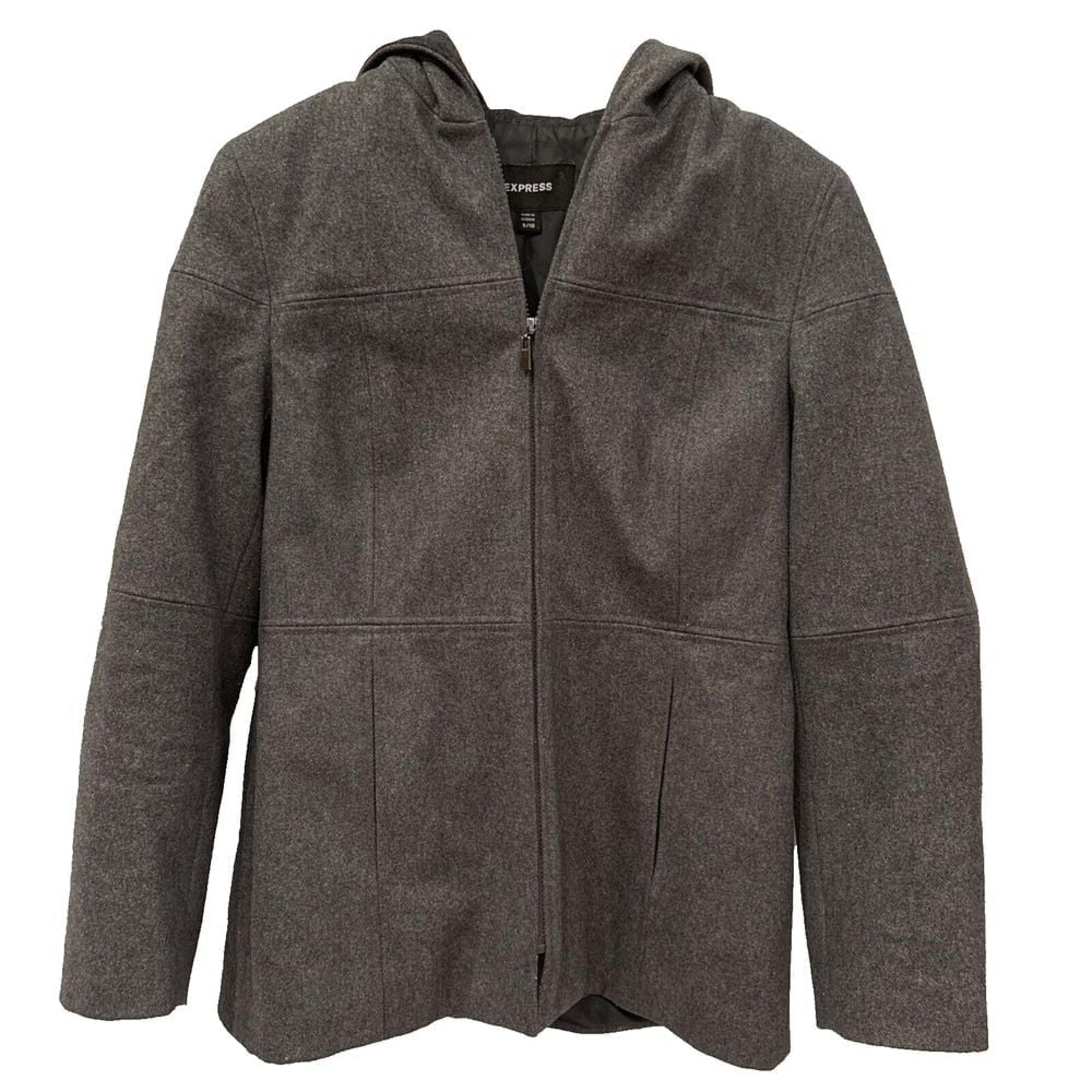 EUC Express Womens Wool Blend Gray Hooded Pea Coat Full Zip Size 9/10