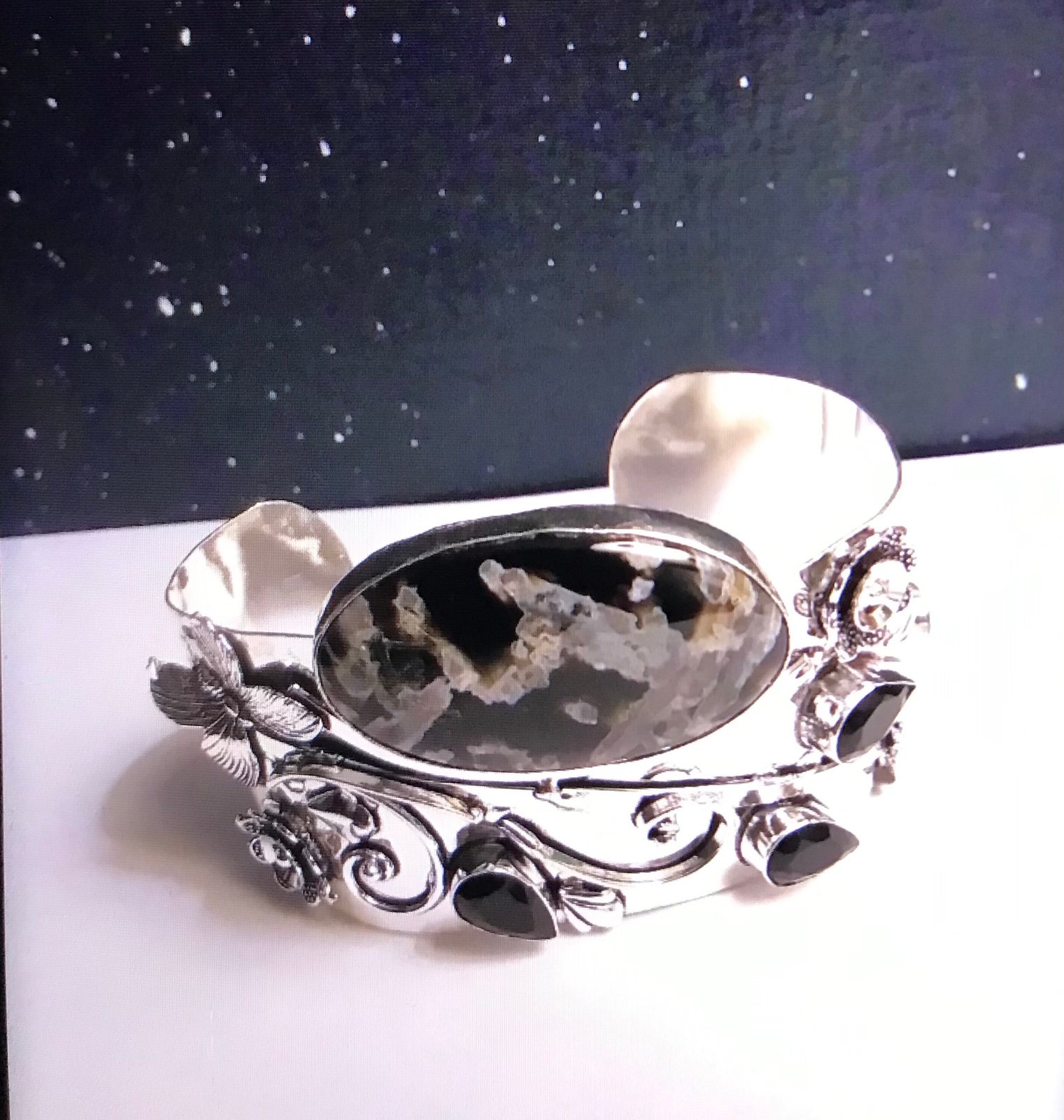 Snowflake Obsidian 925 Sterling Silver Cuff Bracelet