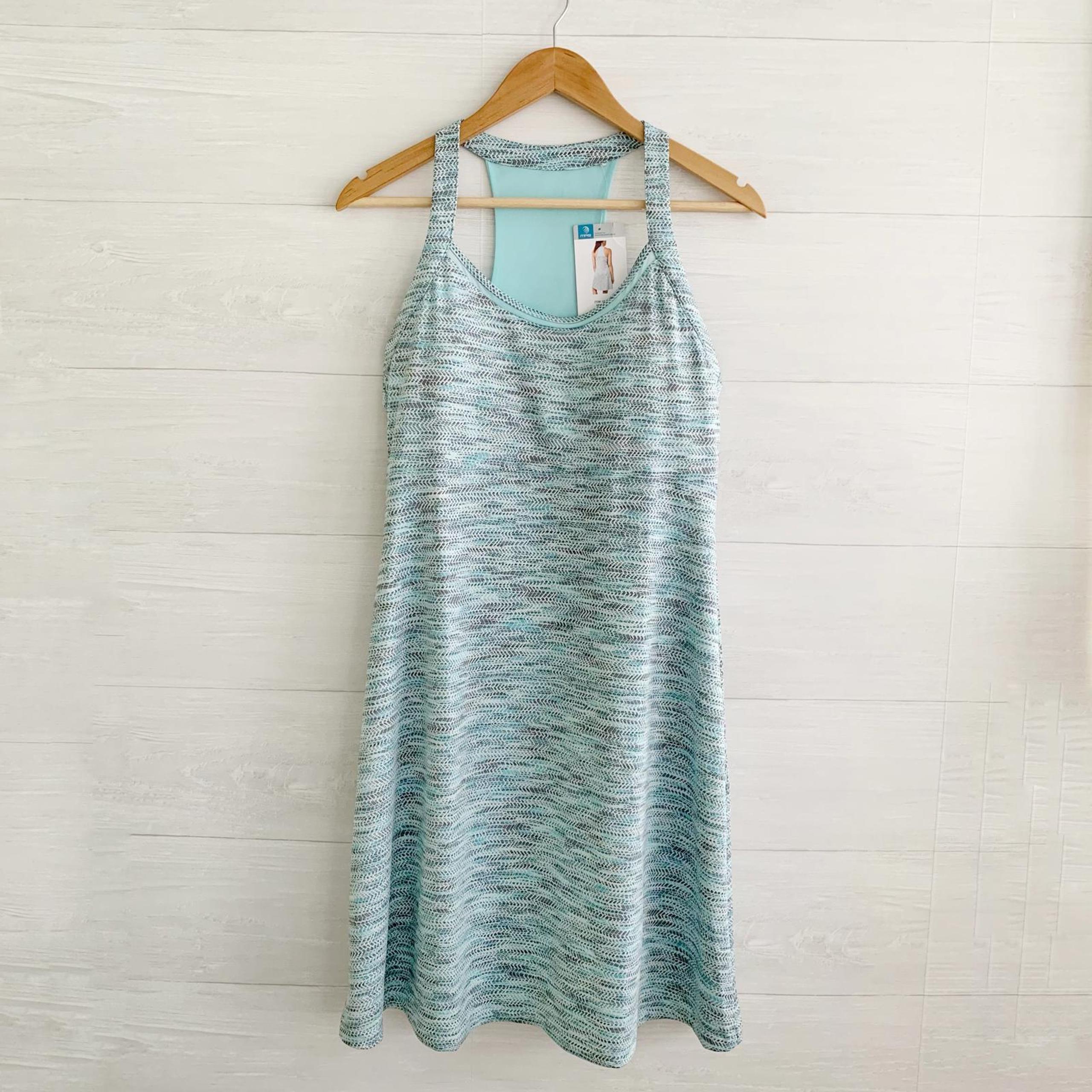 NWT MPG Travel Dress Mint Combo Blue racerback stretch padded A-line, L