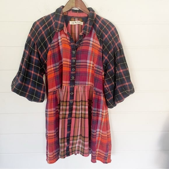 Free People We The Free Moon Bay Mixed Plaid Top in Berry Combo Size Medium