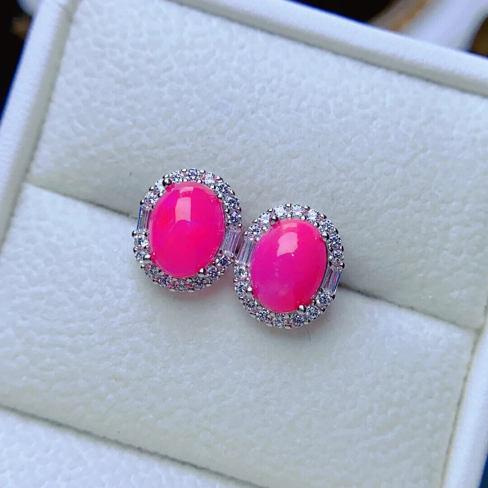 Pink Fire Opal Stud Earrings 7x9mm, Natural Pink Opal Earrings Sterling Silver