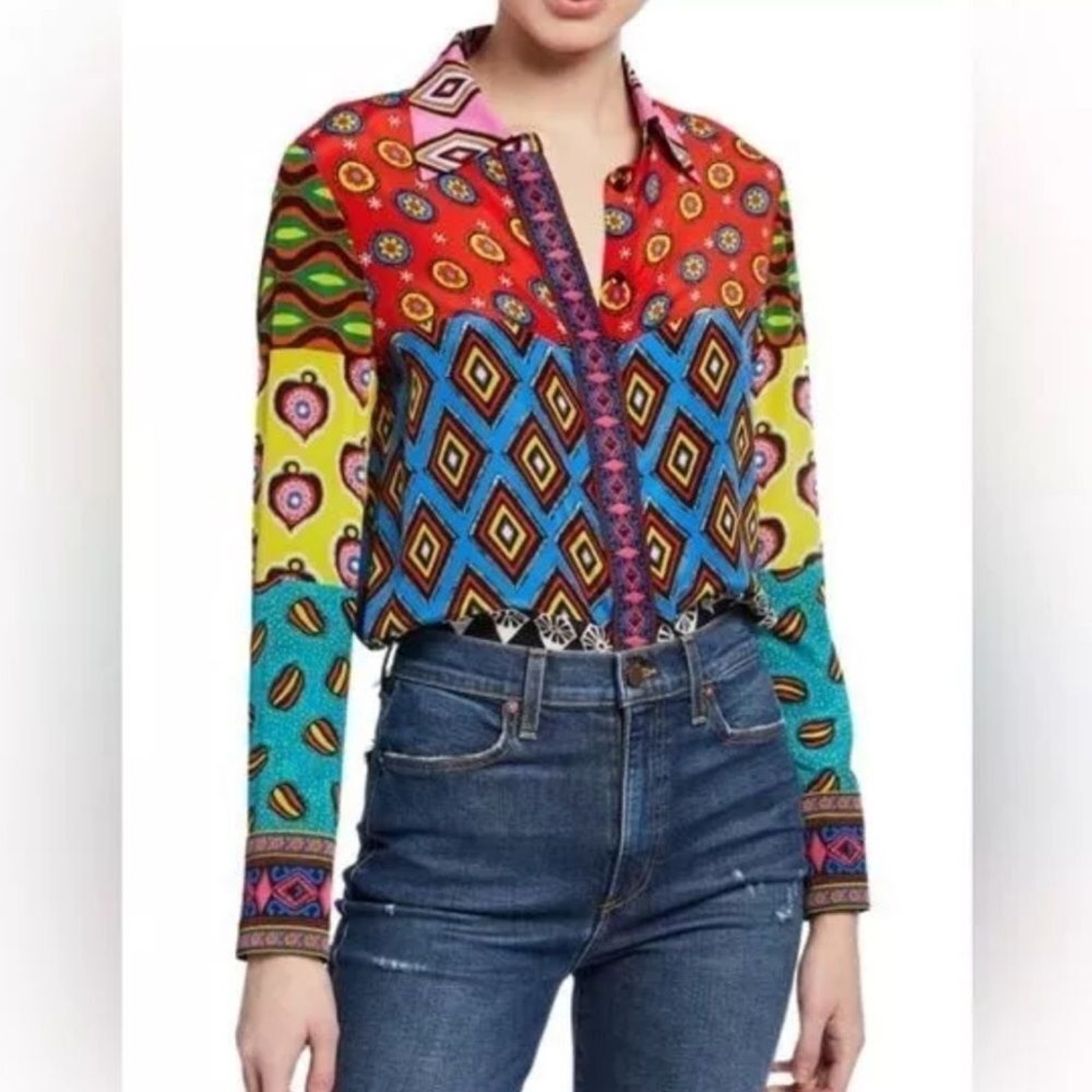 ALICE + OLIVIA Carla Kranendonk Willa Patchwork Silk Blouse