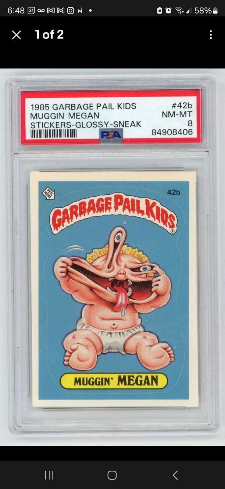 PSA 8 NM-MT 1985 Garbage Pail Kids MUGGIN' MEGAN 42B Stickers Glossy Sneak SP