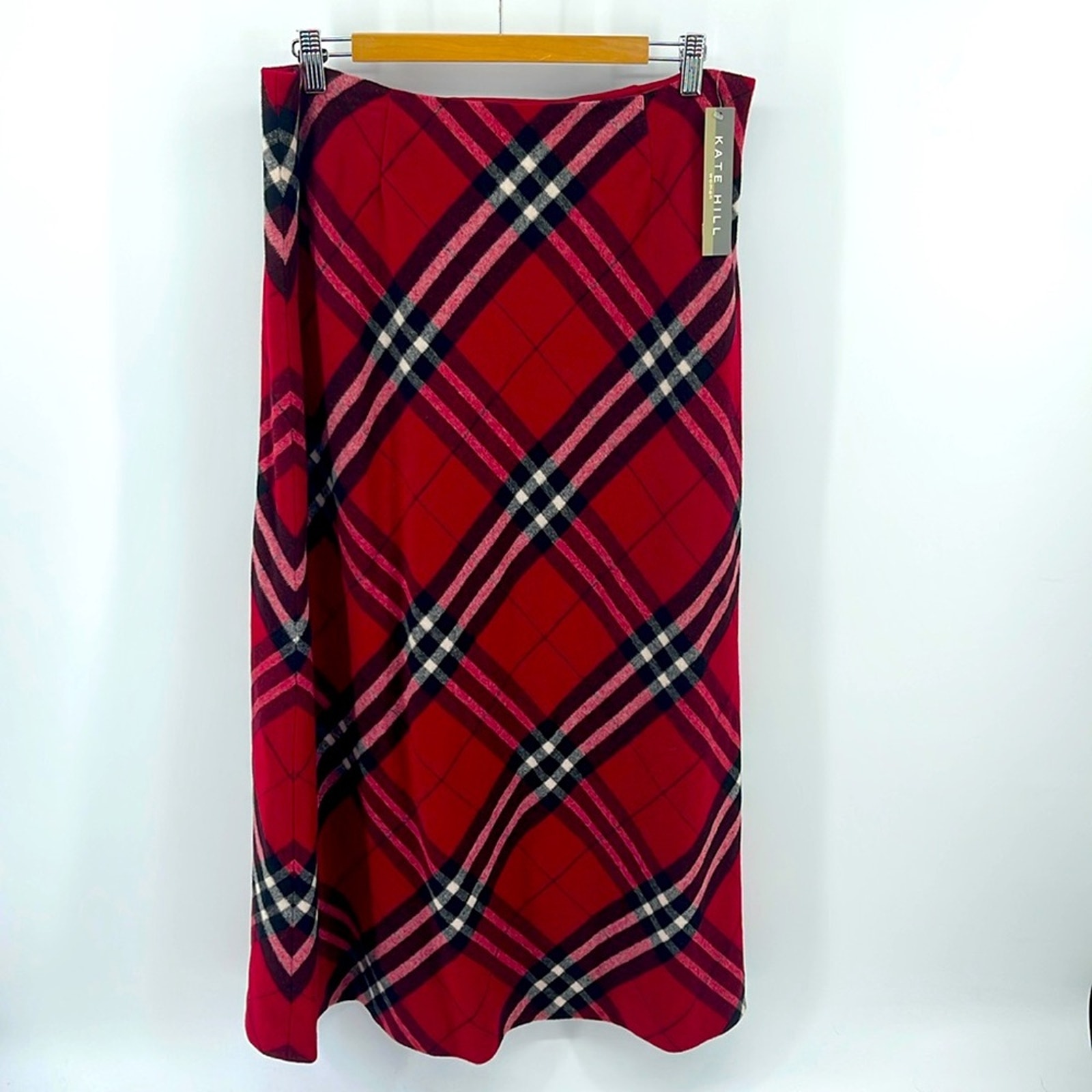 NWT Kate Hill 100% wool tartan plaid lined A-line maxi skirt sz 14W